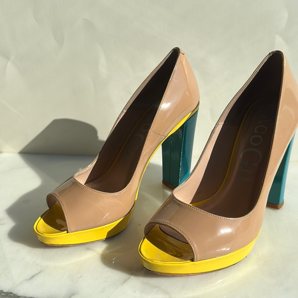 Paco Gil size 7/37 Patent Leather Nude, Yellow, Aegean Stacked 4 inch Heels